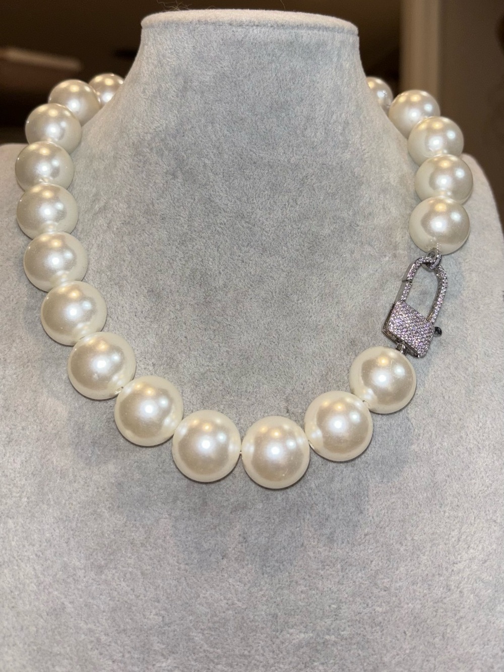 Handmade Classic White chunky faux Pearl Necklace with Pave Clasp
